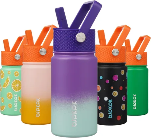 Vista 14 de BJPKPK Botella de agua con tapa con pajilla, botella de agua aislada de 15 onzas, botellas de agua de metal de acero inoxidable, termo reutilizable