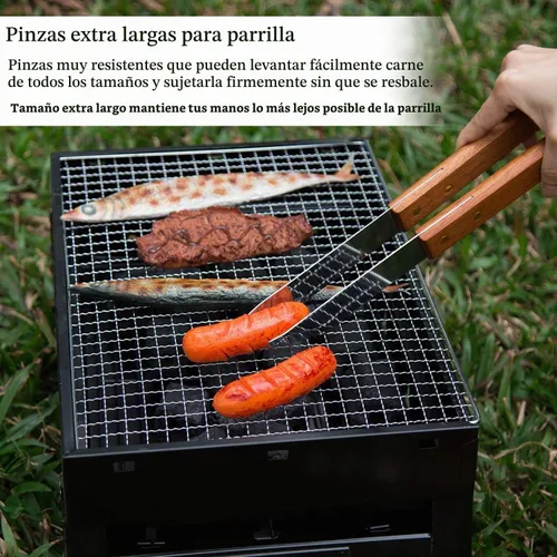 Vista 5 de IMAGE - Juego de 4 accesorios de madera para barbacoa, de acero inoxidable, utensilios para asar al aire libre, cocinar, barbacoa en el patio