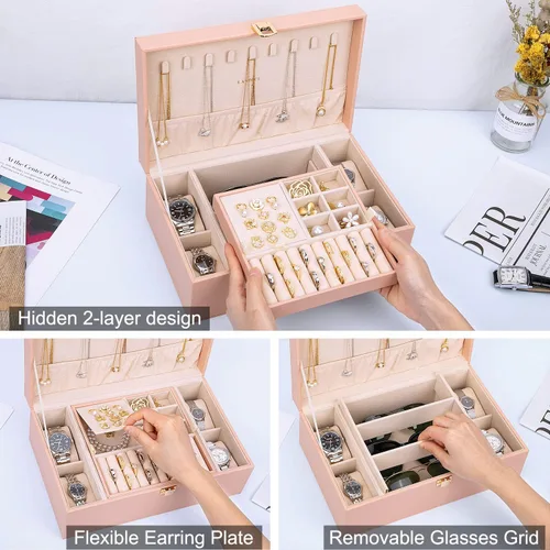 Vista 2 de LANDICI Joyero organizador para mujeres y niñas, caja grande de 2 capas para reloj con bandeja extraíble, soporte de almacenamiento de joyas de piel