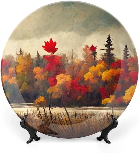 Vista 9 de Platos decorativos de pintura de paisaje de árboles de montaña otoñal, platos decorativos para decoración del hogar, platos de cena de temporada