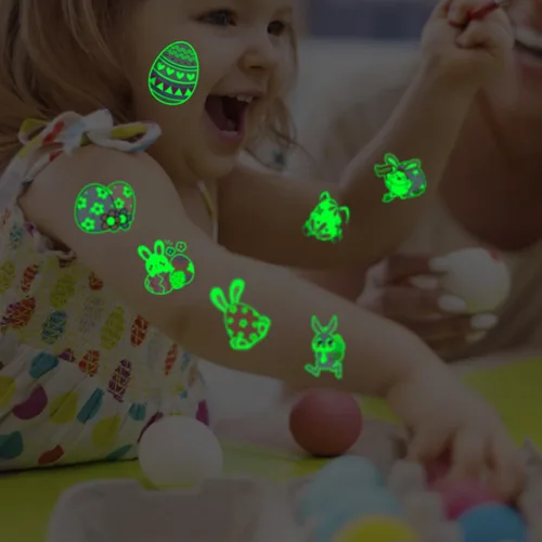 Vista 5 de CHARLENT Tatuajes temporales de Pascua que brillan en la oscuridad para niños, rellenos de cesta de Pascua, 74 hojas individuales, tatuajes
