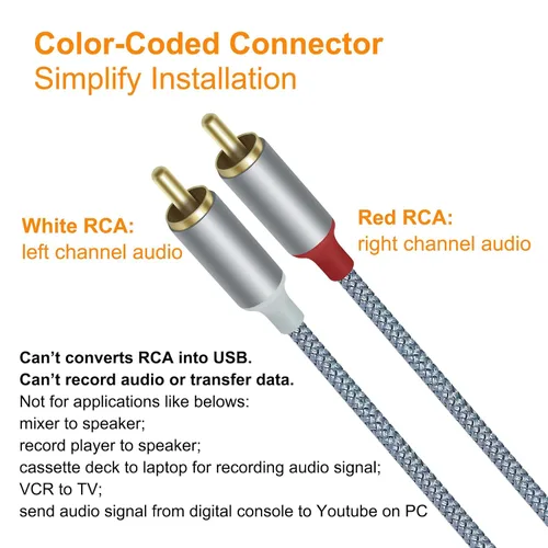 Vista 6 de DCHAV Cable adaptador de audio USB a RCA de 4 pies tipo A a 2 RCA macho 2RCA y divisor en Y, cable trenzado de nailon, interfaz rojo y blanco
