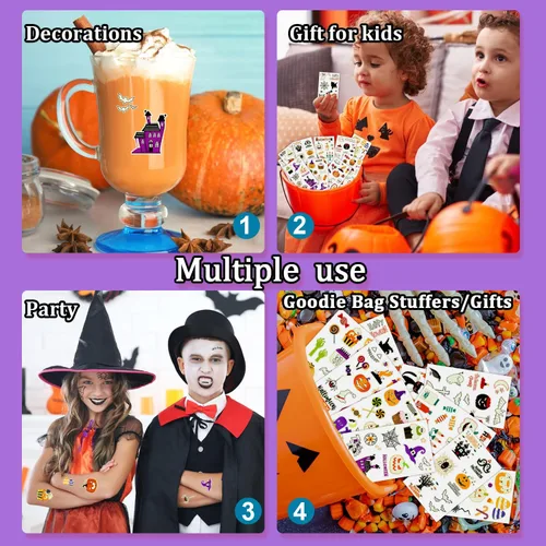 Vista 4 de Partywind Decoraciones de fiesta de Halloween brillantes para niños, 125 estilos, tatuajes luminosos de Halloween con calabaza/zombi/fantasma