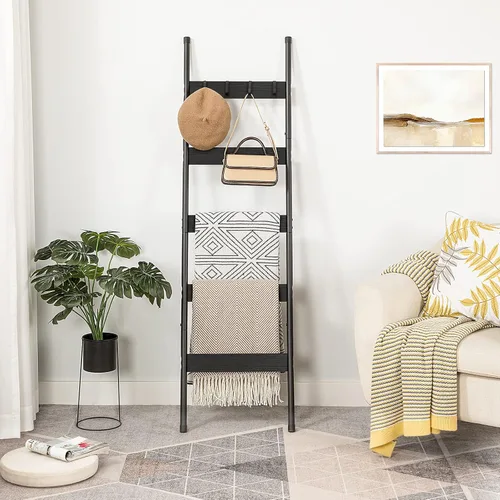Vista 6 de HOOBRO Escalera para mantas, estante de toallas de 5 niveles con ganchos, estante de mantas inclinado en la pared, estante decorativo