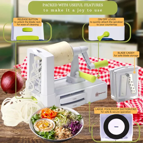 Vista 5 de Brieftons Espiralizador de verduras de 5 hojas: rebanador en espiral más fuerte y pesado, el mejor fabricante de pasta de espaguetis de verduras