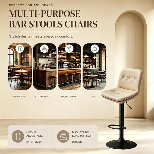Vista 5 de Bar Stools Set of 2 Swivel Adjustable Bar Chairs Counter Height 360° Swivel Leather Bar Chairs with Padded Seat, Backrest & Footrest for Kitchen