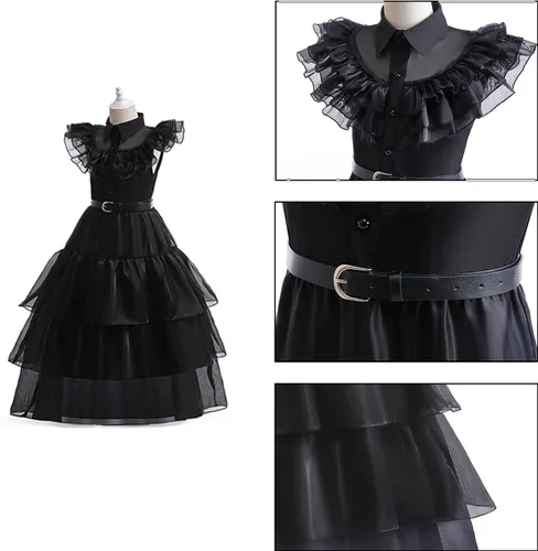 Vista 4 de Wednesday Addams - Vestido de Merlina para niñas, disfraz de Halloween con guantes, cinturón y calcetines, vestido de fiesta de cosplay familiar