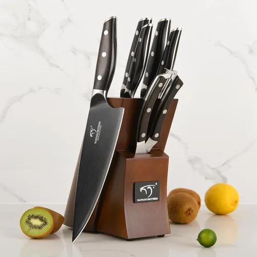 Vista 6 de NANFANG BROTHERS - Juego de cuchillos de damasco de 7 piezas con bloque, mango de madera de ébano Damasco negro titanio chapado