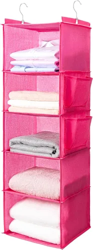 Vista 9 de BOOMIBOO Organizador de armario colgante y estantes, 5 estantes colgantes con 2 bolsillos laterales, almacenamiento plegable (beige)