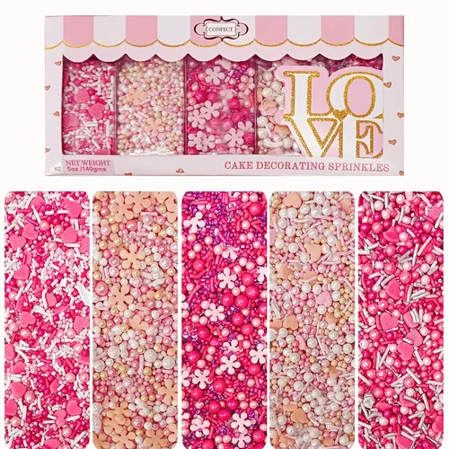 Vista 12 de Confect Mezcla de Chispitas de Corazón de Perlas Azules, Rosas y Blancas – Decoraciones Comestibles para Repostería para Pasteles, Cupcakes