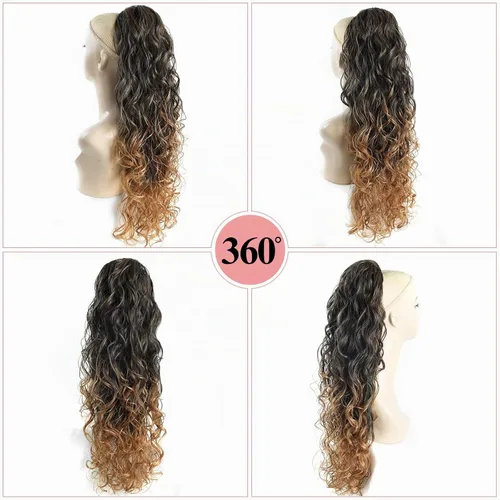 Vista 2 de Extensiones de cabello ombré 1B/27, cola de caballo para mujeres negras, extensiones de cola de caballo largas onduladas con cordón, extensiones
