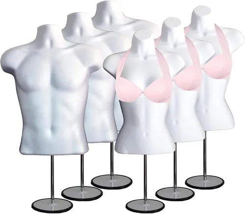 Vista 10 de Maniquí de torso masculino y femenino con soporte de metal, cuerpo con respaldo hueco, apilable, forma de vestido para exhibición de camisetas Negro