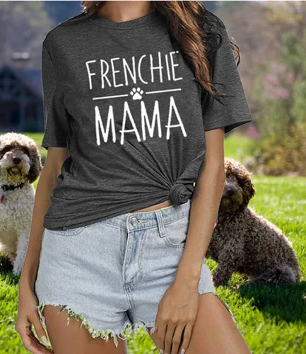 Vista 2 de Camiseta de manga corta con texto en inglés «Frenchie Mama», con estampado de letras para mujer, estilo casual