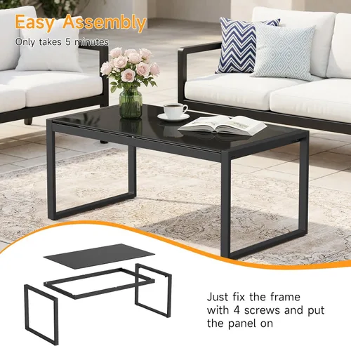 Vista 7 de ONBRILL Mesa de café rectangular con escritorio de vidrio templado, mesa de café para exteriores con marco galvanizado y pies ajustables para patio