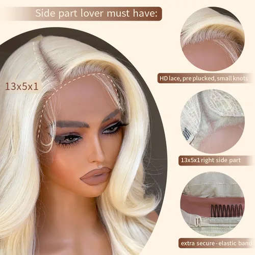 Vista 3 de BrownBomb Peluca Rubia de Encaje Frontal de Cabello Real Brillo Pre Tonificada Peluca Rubia, Peluca de Encaje Frontal 613 Pre Desplumada, Sin