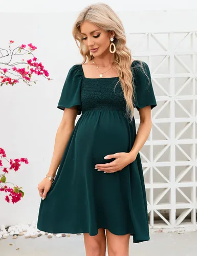 Vista 4 de KOJOOIN Vestido de maternidad de verano para mujer, lazo en la espalda, cuello cuadrado, manga abombada, hombros descubiertos, vestido de baby shower