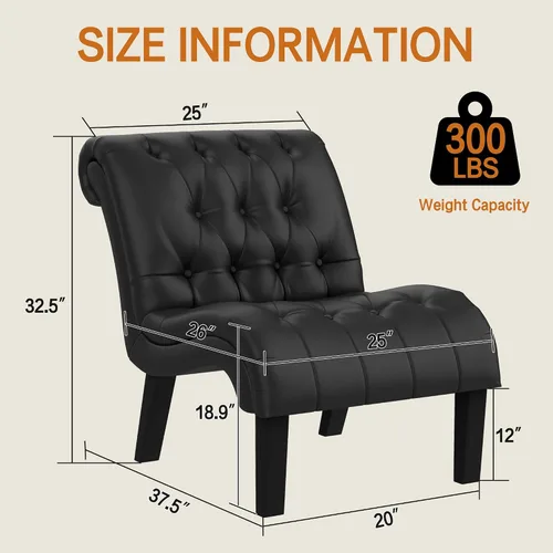 Vista 2 de Silla decorativa de piel sintética negra moderna con botones capitoné tapizada sin brazos para dormitorio, sala de estar con patas de madera Silla