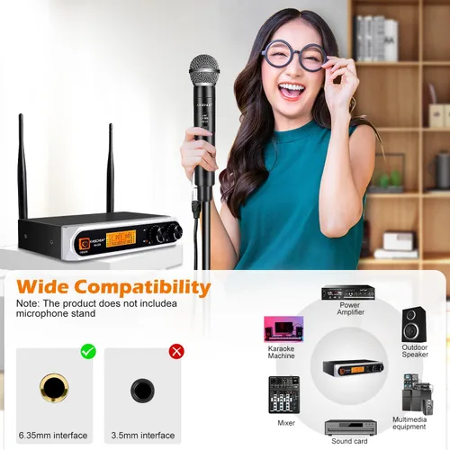 Vista 4 de Sistema de micrófono inalámbrico, frecuencia fija, micrófonos de mano UHF duales, alcance de 200 pies de largo, Plug & Play, micrófono inalámbrico
