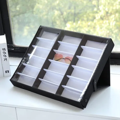 Vista 3 de HOYOC Estuche de exhibición de gafas de sol de 18 ranuras para los ojos, organizador de almacenamiento, bandeja de terciopelo de calidad para gafas