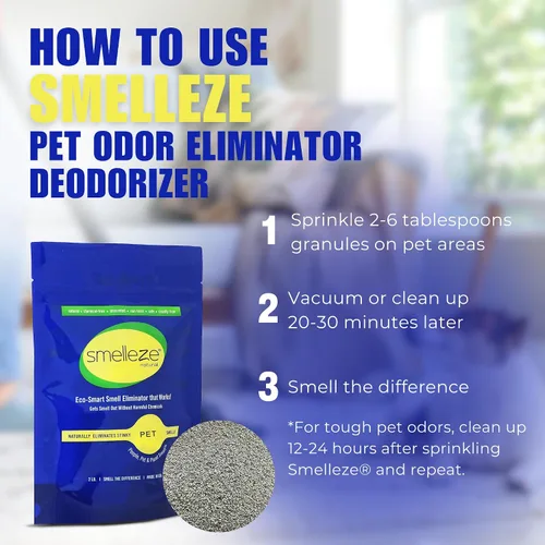 Vista 5 de SMELLEZE Desodorizador natural para eliminar olores de mascotas: 2 lb. Gránulos sin perfume eliminan el fuerte olor a residuos de mascotas. Perfecto