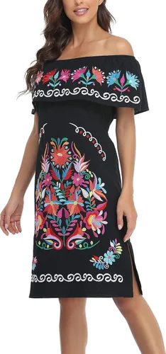 Vista 6 de YZXDORWJ Vestido bordado mexicano para mujer cuello con volantes sin mangas