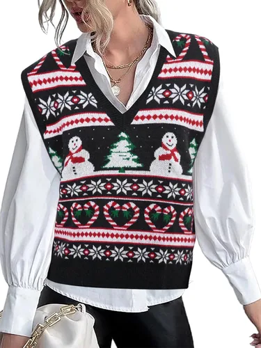 Vista 4 de JULYCLO Chaleco de Suéter Navideño para Mujer, Suéter Feo de Renos Tejidos y Copo de Nieve, Estilo Casual, con Cuello en V, Sin Mangas, Parte Negro