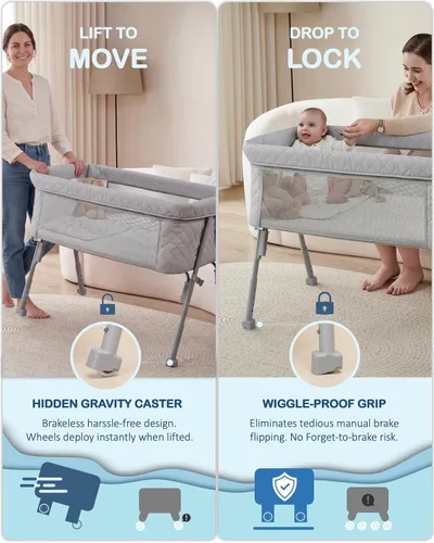 Vista 3 de BEKA Moisés cama de noche para bebé, cuna de bebé 2 en 1 para recién nacido, moisés de noche con 4 ruedas de bloqueo automático y altura ajustable