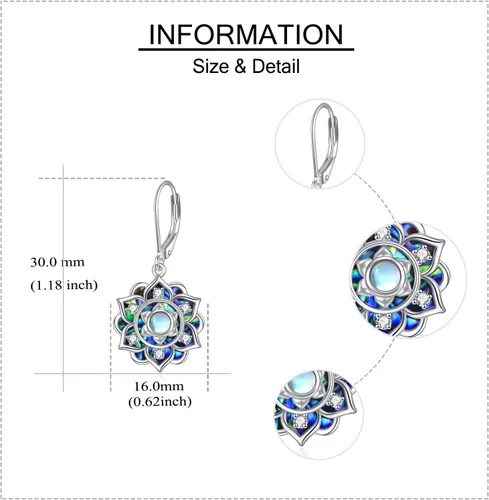 Vista 5 de Aretes de plata de ley con piedra lunar de loto con concha de abulón, flor de loto, aretes colgantes para yoga, joyería para el día de la madre