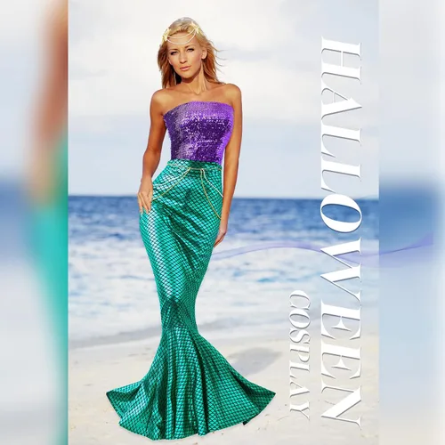 Vista 4 de Newcotte 4 piezas de disfraz de sirena para mujer, falda de tubo de lentejuelas, cintura de perla y cadena para la cabeza para Halloween Cosplay