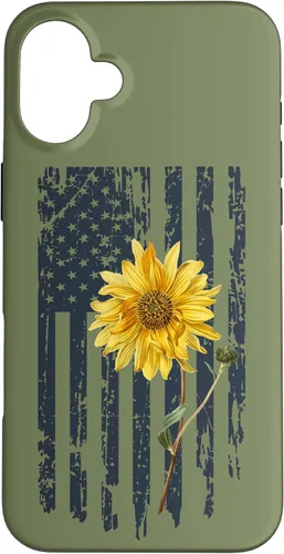 Vista 22 de iPhone 16 Yellow Sunflower Patriotic US American Flag Women Sage Green Case