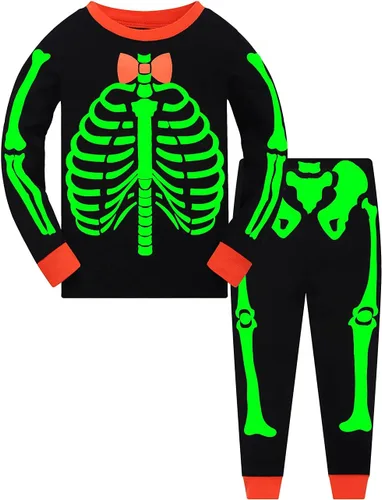 Vista 2 de Pijamas de Halloween para niños y niñas, pijamas de esqueleto que brillan en la oscuridad, pijamas de calabaza para niños, ropa de dormir 100%