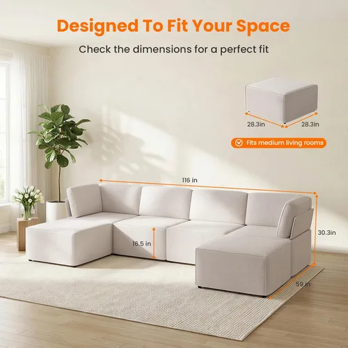 Vista 9 de CECER Sofá modular modular, sofá convertible en forma de U con tumbonas Beige