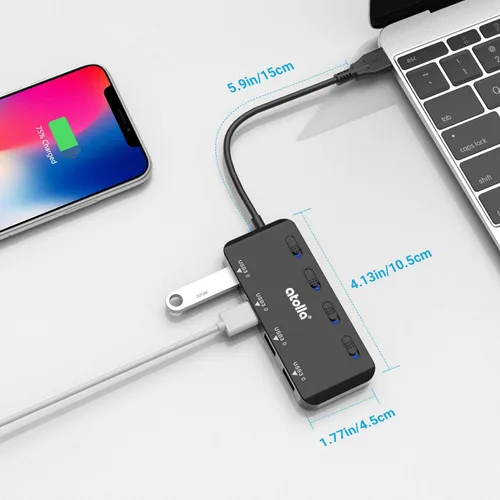 Vista 5 de Hub USB 3.0 de 4 puertos con interruptores individuales, expansor de datos ultradelgado de alta velocidad, divisor USB de 5 Gbps para laptop, PC