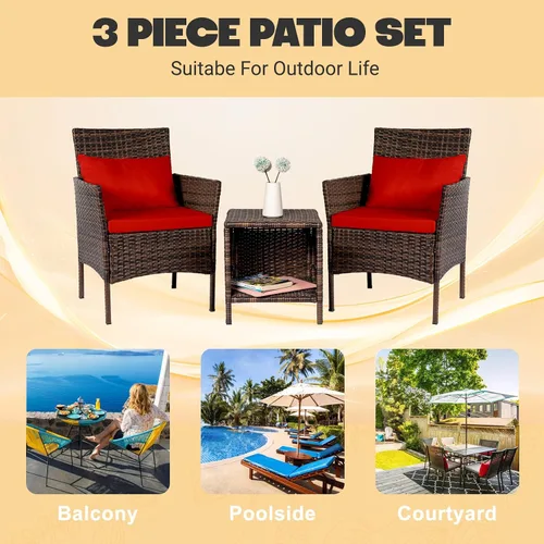 Vista 6 de Tappio Juego de 3 piezas para conversación de patio, muebles de porche y balcón, muebles de chat al aire libre, sillas de mimbre y mesa almacenable