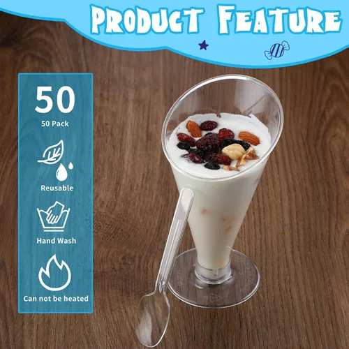 Vista 5 de Nuogo Paquete de 50 tazas transparentes de postre cucharas, mini tazas de postre, cucharas de plástico de Martini de 4 onzas, vasos de postre