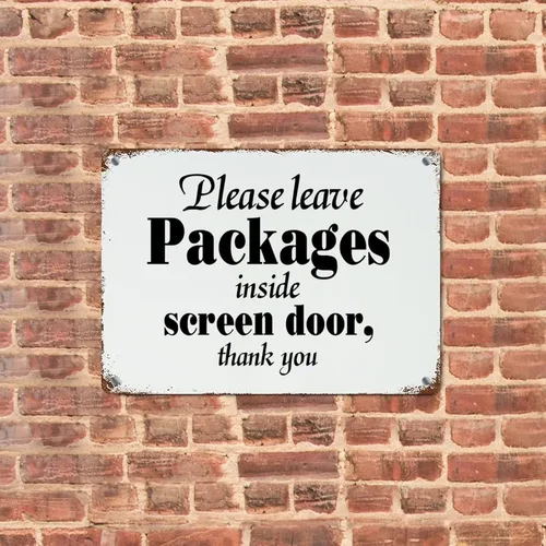Vista 2 de Letrero de metal rústico con cita familiar, decoración artística de pared con texto en inglés «Please Leave Package»