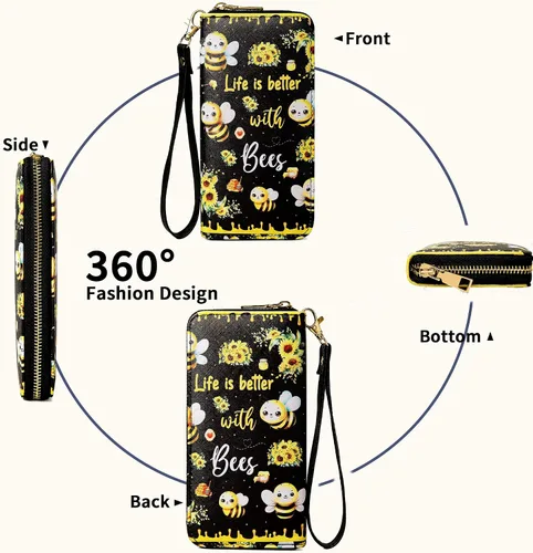 Vista 3 de Billetera con estampado de vaca, regalos de vaca para mujer, monedero delgado para tarjetas de crédito, Abeja, Cartera larga delgada