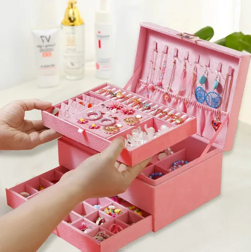 Vista 5 de QBestry Caja organizadora de joyas para mujer, caja de joyería de terciopelo rosa para collares y aretes, anillos, pulseras, joyero, organizador