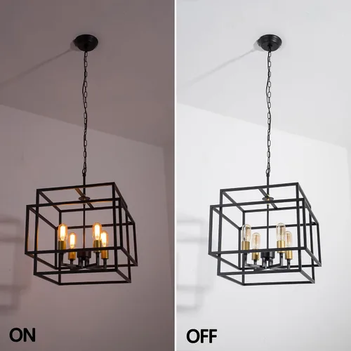 Vista 4 de Maxax Lámpara de araña cuadrada moderna, 4 luces colgantes de granja, para isla de cocina, comedor, dormitorio, sala de estar, acabado negro y dorado