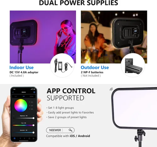 Vista 8 de NEEWER RGB168 Panel de Luz LED RGB de Video de 18.3" con Control de Aplicación, Kit de Soporte de Trípode de 2 Paquetes, 60W/360°