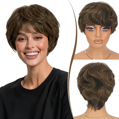 Vista 18 de RUWISS Peluca de cabello humano con corte Pixie, peluca de cabello humano con flequillo, peluca negra corta natural en capas, ondulada, diferentes
