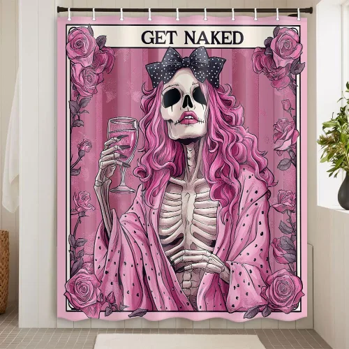 Vista 3 de Divertida cortina de ducha de esqueleto de calavera rosa, para Halloween, gótica, rosa, rojo, rosa, floral, vino tinto, terror, terror, cortina