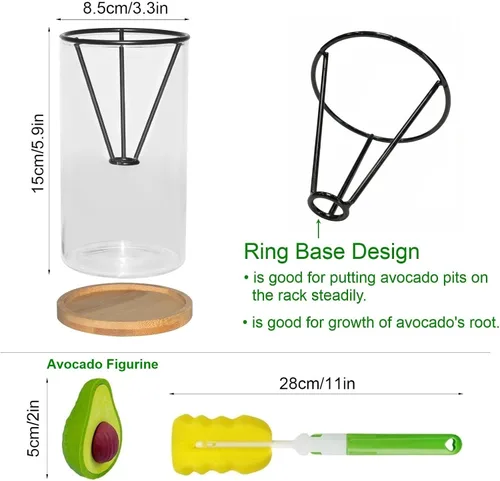 Vista 2 de Kits de cultivo de árboles de aguacate con cepillo para botellas, figura de aguacate, base de bambú, jarrón de iniciación de semillas de aguacate