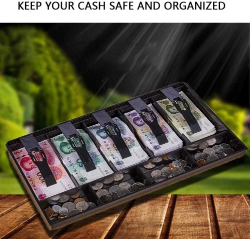 Vista 7 de Caja registradora de cinco rejillas, 5 billetes, 4 ranuras para monedas, bandeja para monedas, cajero, caja fuerte de almacenamiento ordenada (negro)