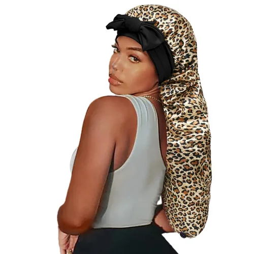 Vista 2 de Isshin Beauty Gorro de satén de seda para el cabello: gorro largo con banda elástica y correas ajustables, tamaño jumbo (leopardo)