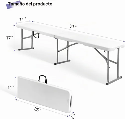 Vista 3 de Byliable Banco plegable de 6 pies, asiento plegable de plástico, portátil, plegable, para picnic, fiesta, camping, comedor, jardín blanco