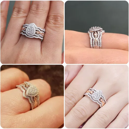 Vista 6 de Newshe Jewellery Juego de anillos de boda para él y ella, AAAAA, circonita cúbica, bandas de tungsteno para hombre y mujer, plata de ley 925, oro