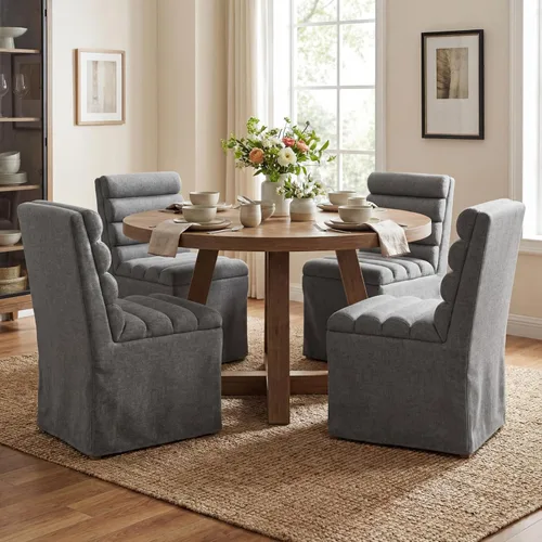Vista 8 de CIMOTA Juego de 2 sillas de comedor tapizadas, sillas de comedor de tela moderna con respaldo alto cilíndrico/funda con faldón, sillas de cocina sin