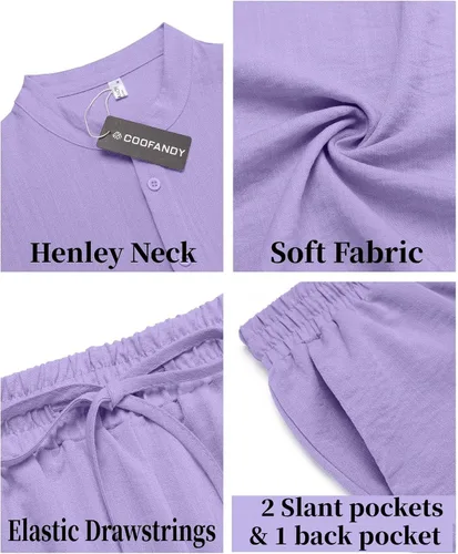 Vista 5 de COOFANDY Conjunto de 2 piezas de lino para hombre, camisas Henley casuales de manga corta, pantalones cortos de yoga para la playa, pantalones