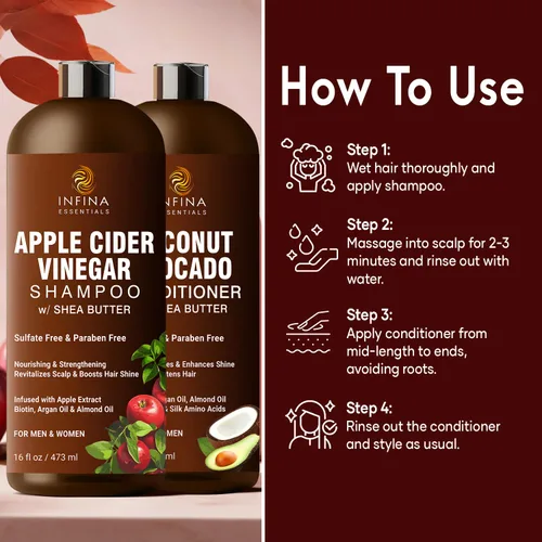 Vista 4 de Champú y acondicionador de vinagre de sidra de manzana, sin sulfato, para hombres y mujeres, champú para el cuero cabelludo con acondicionador
